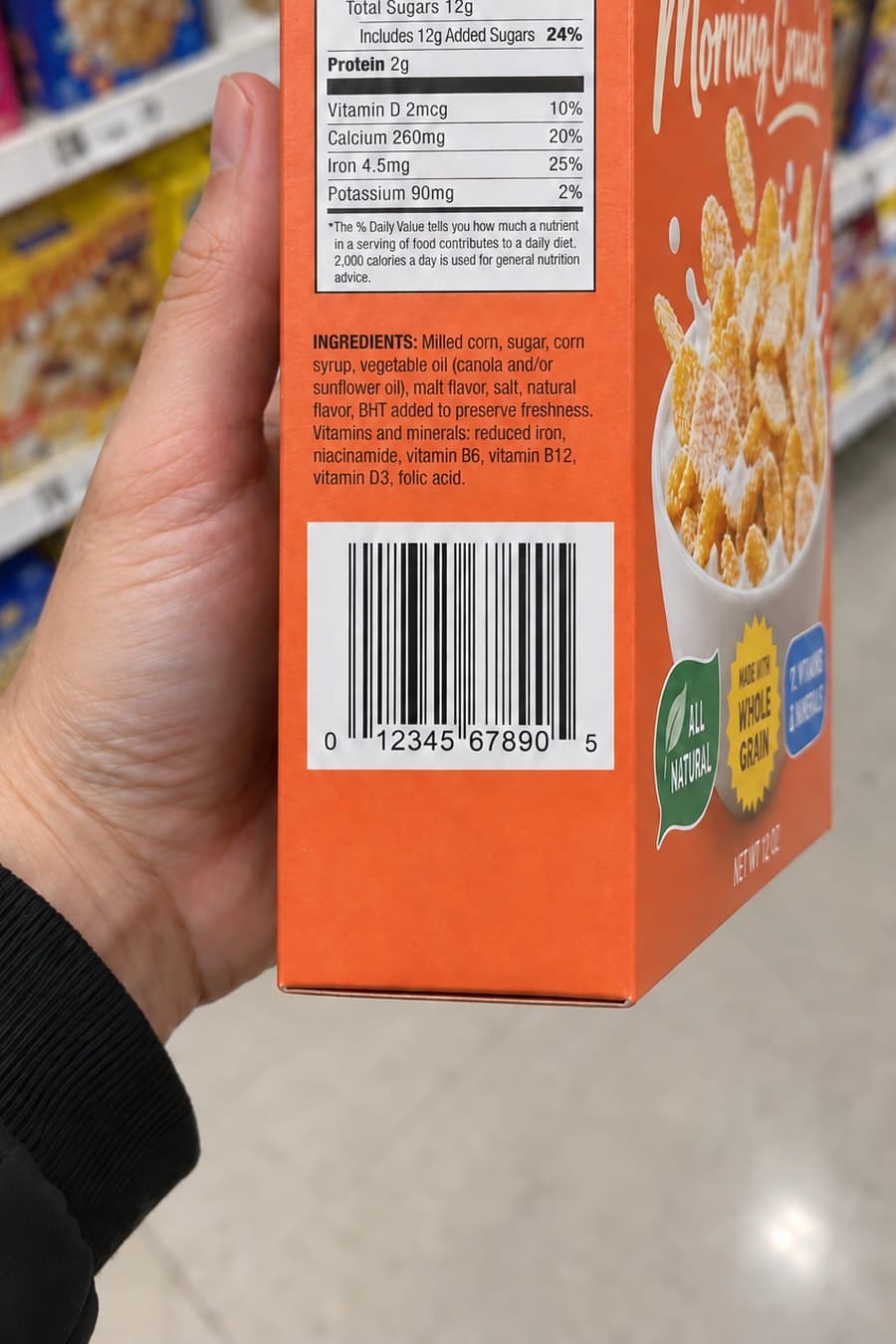 A hand holding a box of Frosted Morning Crunch cereal in a shop, the back of the pack facing the camera