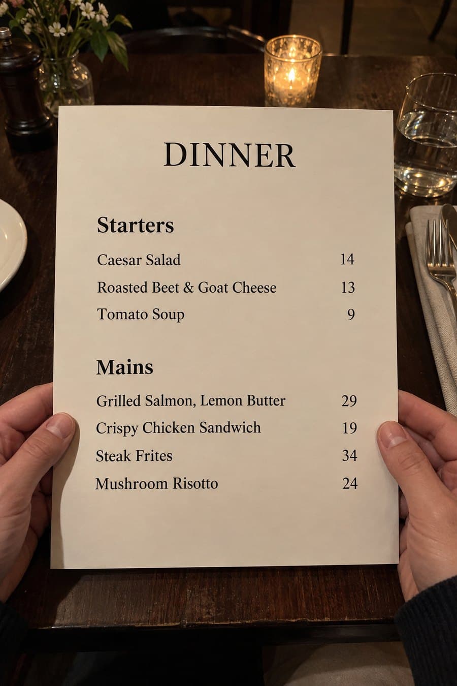 Two hands holding a printed dinner menu at a restaurant table